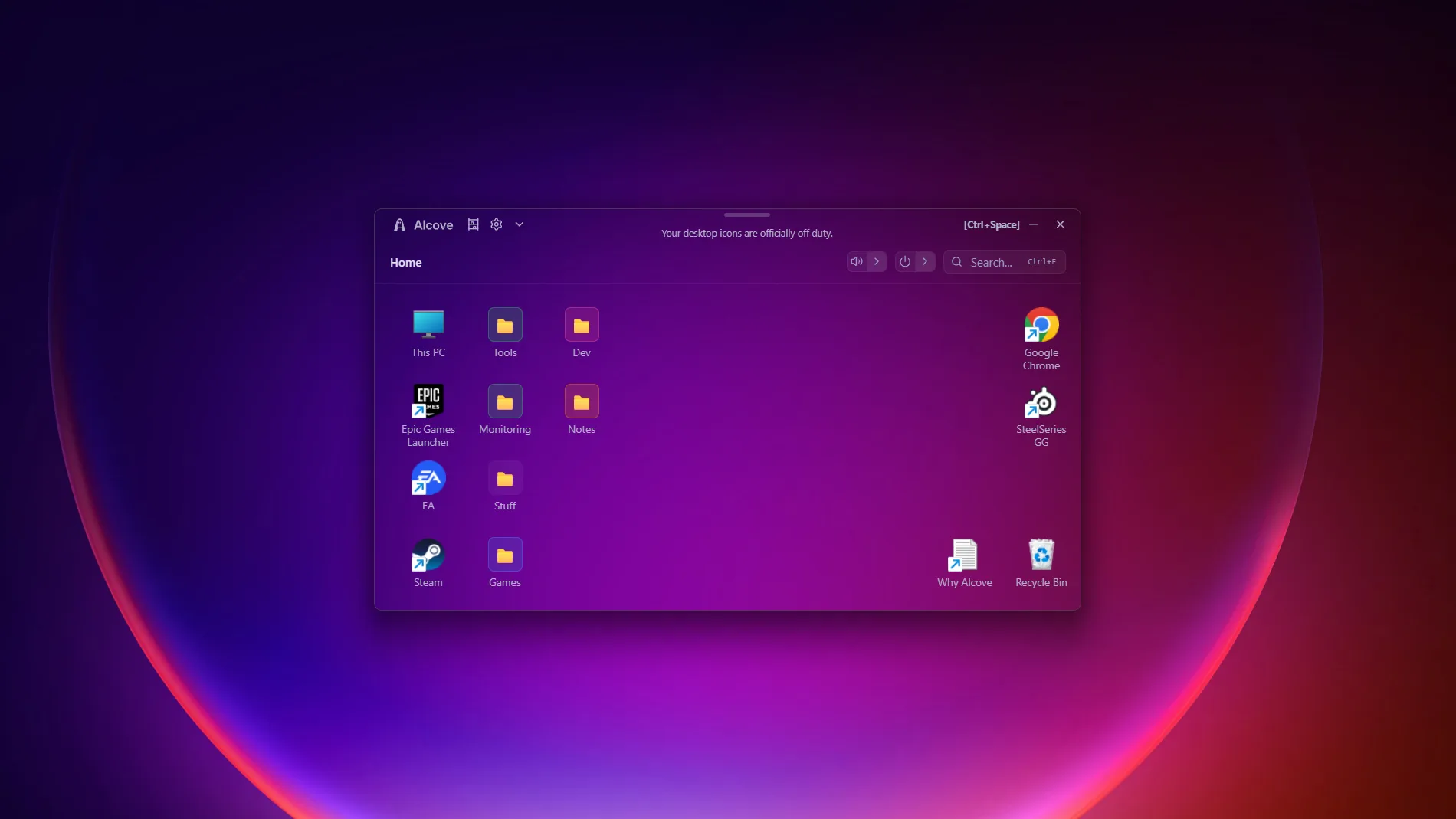 Alcove in a translucent theme over a purple Windows 11 wallpaper