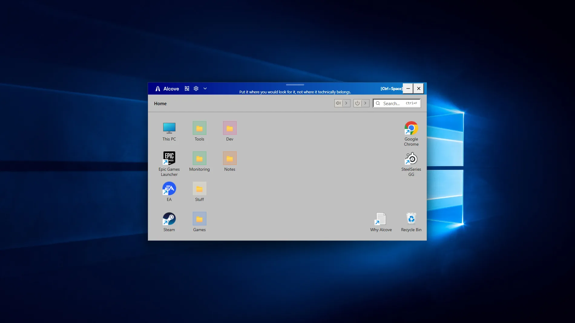Alcove in a retro theme over the Windows 10 wallpaper