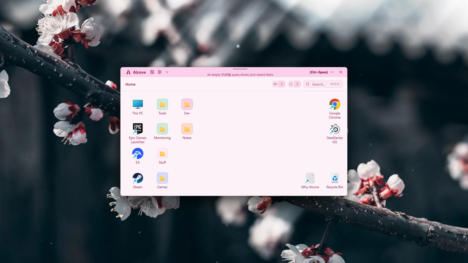 Alcove in a soft pink theme over a photo of blossom on a branch