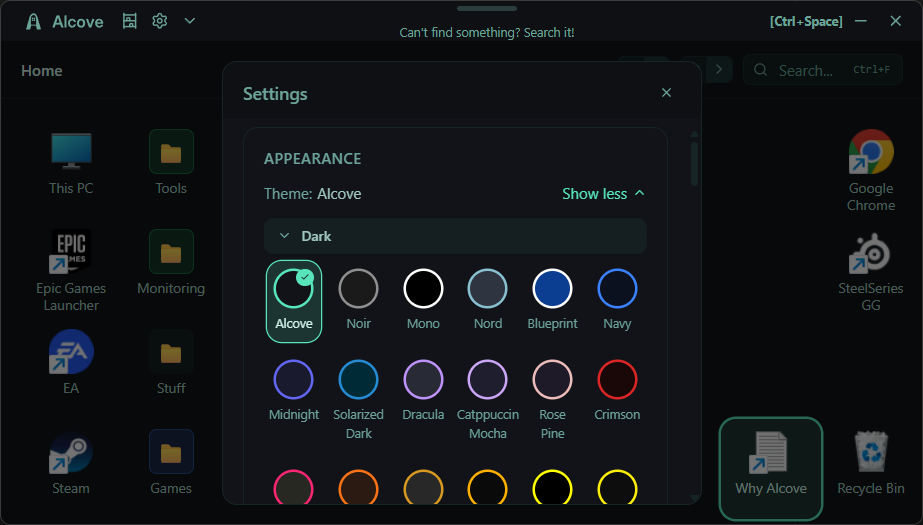 Alcove theme picker showing a selection of light, dark, and retro themes