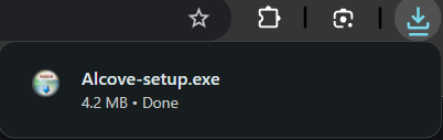 Alcove-setup.exe shown in the browser download bar after downloading
